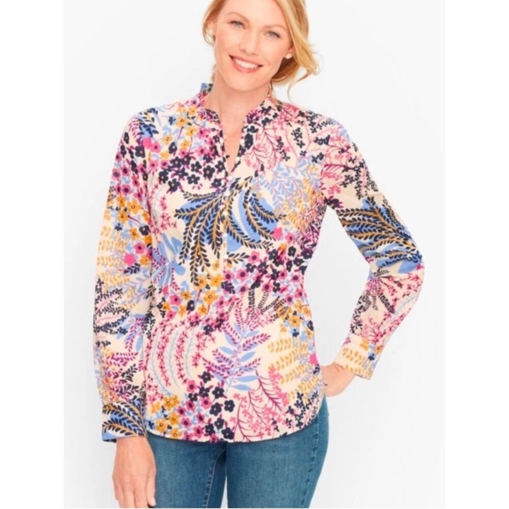 TALBOTS Blouse Ruffle Collar Popover Popping Garden Long Sleeve Cotton Lined Top